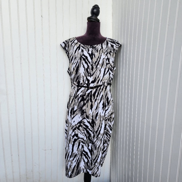 Connected Apparel Dress Zebra Animal Print Cap Sleeve Belted Beige Black Sz 16 - Picture 1 of 16